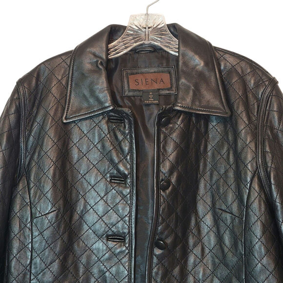 SIENA Black Genuine Leather Jacket Button Down Front Quilted Classic Chic 10 - Picture 2 of 16